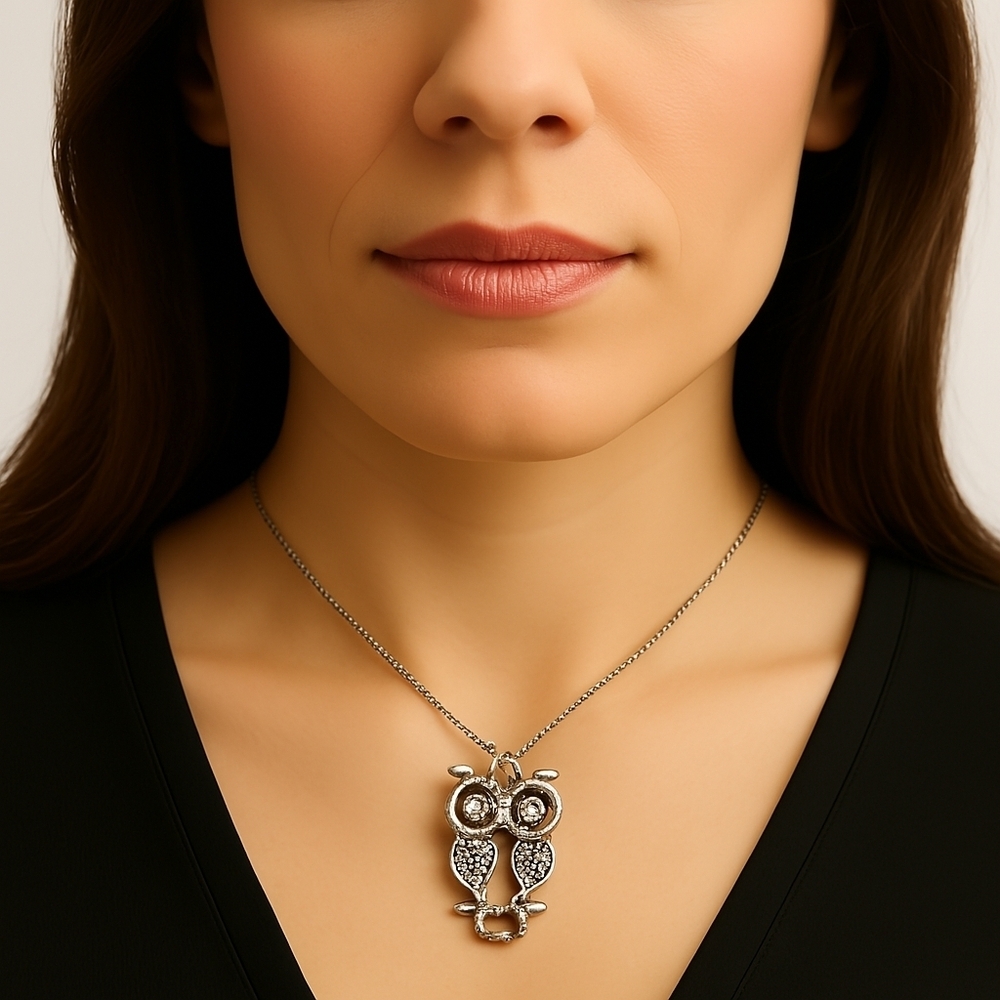 Elegant Silver Tone Shiny Crystal Owl Pendant Necklace - Women's Fashion Jewelry
